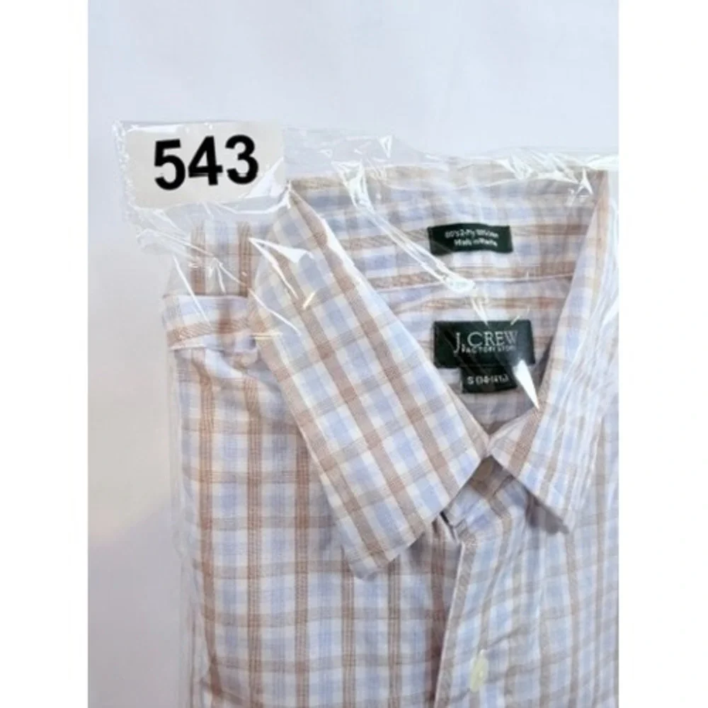 J.Crew Button‎ Down Shirt Mens S Tan Blue Plaid Long Sleeve Slim Fit